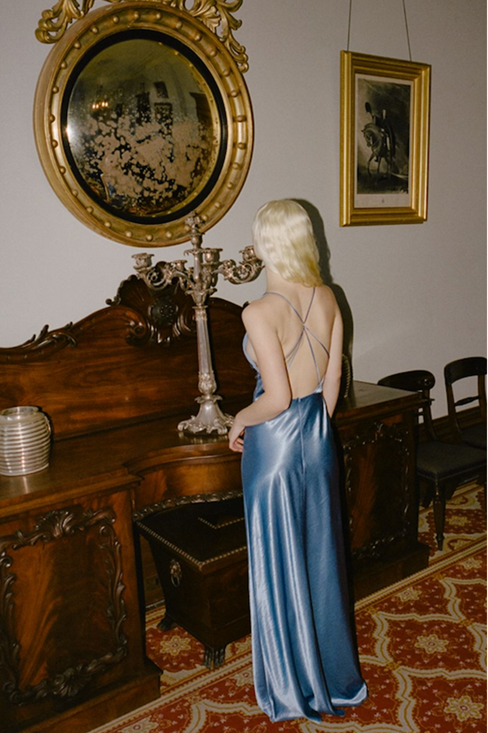 R04 Grand Invitation - High Gloss Plunge Slip Dress in Blue