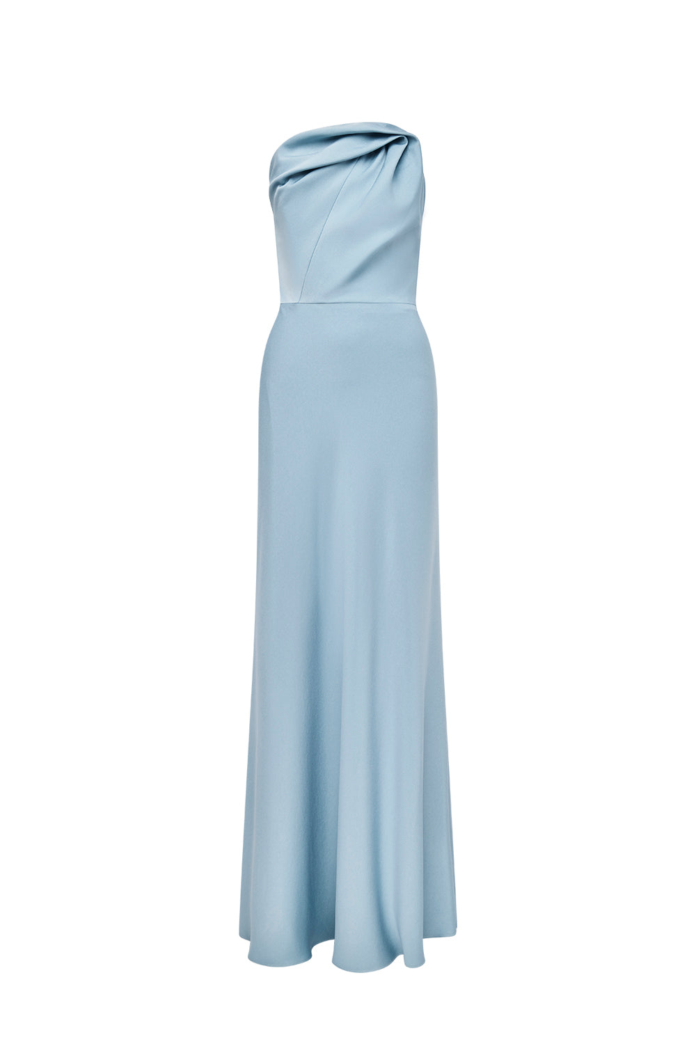 A light blue strapless maxi dress with a draped, gathered bodice and a flowing skirt, shown against a plain white background.