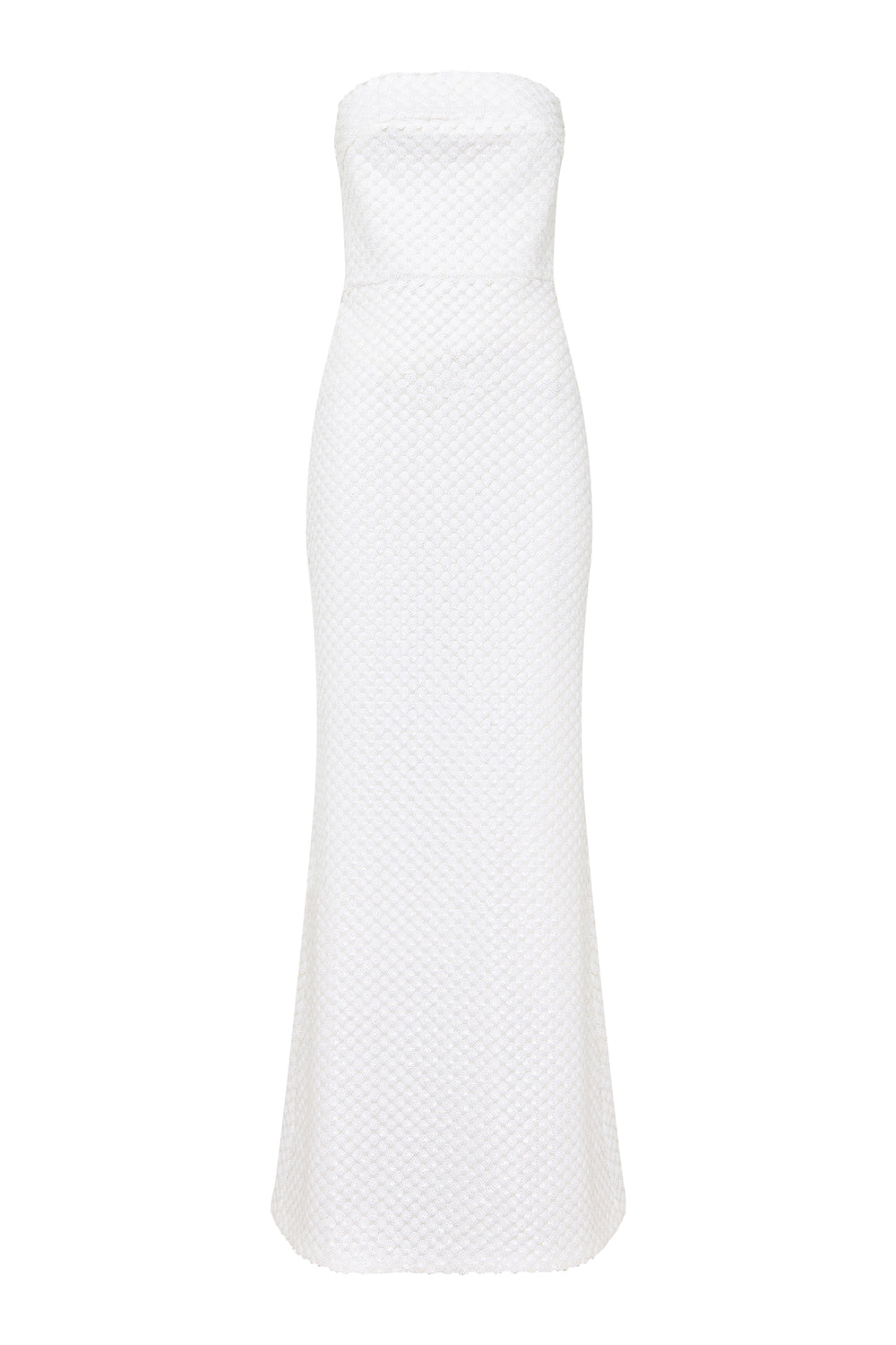 A strapless white maxi dress with a textured, dotted fabric pattern, shown against a plain white background.