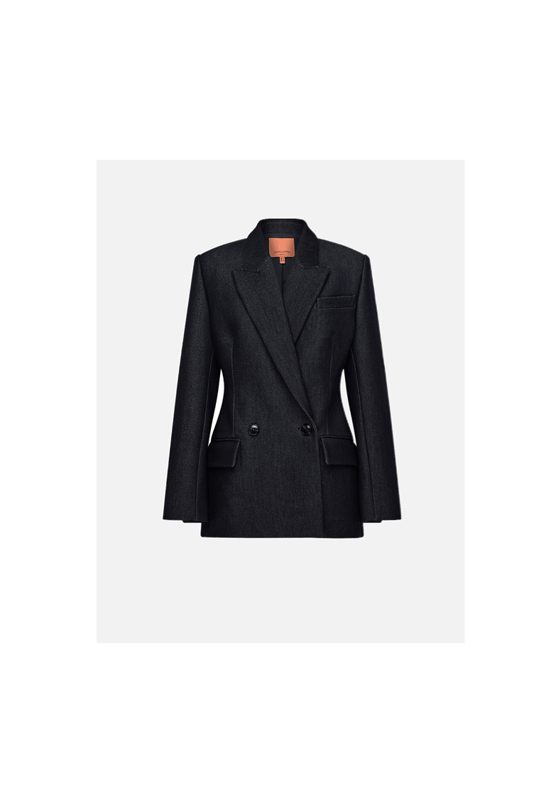 A black double-breasted blazer with notched lapels and flap pockets, displayed on a light gray background.