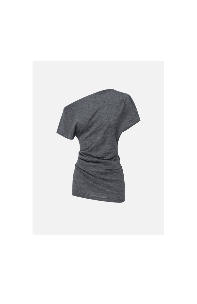Asymmetric grey knit top, cinch hem. Melody Drape Knit Top