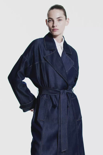 Model wearing Quiet Command Trench & Double Shot Shirt 